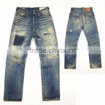 Custom High quality vintage wash distressed Japanese selvedge jeans denim selvedge denim jeans(LOTR006)