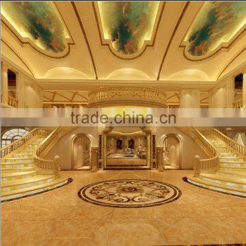 European Luxury Golden 3d Rendering Interior Design for Staircase and Entrance of Private Villa with All Material and Furnitures