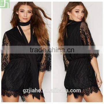 Fahion three quarter sleeve V-neckline lace short jumpsuit with tie