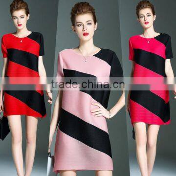 Online shop women twill printed O neck pleated dresses