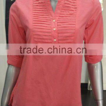 Ladies Button Down Shirts With Pintuck on Chest and Fold up Sleeve photo-4