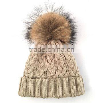Myfur Cable Knit Hat Wholesale Beanie Cap With Raccoon Fur Pom Poms