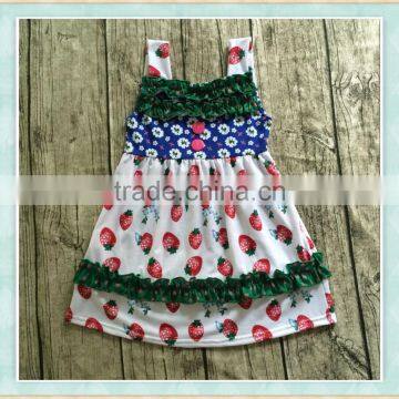 Fashion charming girl party wear western beach dress stitching designs strawberry floral print off shoulder children dress