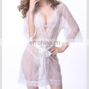 Women Lingerie Lace See-Through Kimono Skirt with bra and g-string set