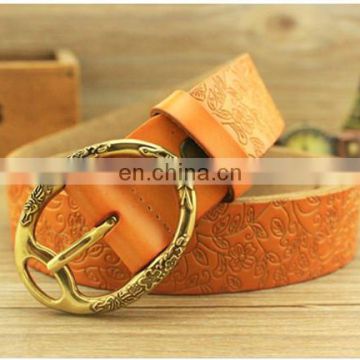 roundness circle flower pattern engraved fashion jeans leather belt pins Dress Woman Leather Belt pins Female