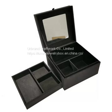 Handmade Luxury Fancy PU Leather Jewelry Box With Mirror Black Color Custom Size Urbrand