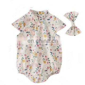 A0144# 2020 Baby Girl Bodysuits Chinese Style Cheongsam Floral Baby Cotton Sleeveless Leotard Crawling Clothes + Bow Hair Band