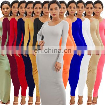 2020 Wholesale Casual Cotton Fall Winter Solid Color Pencil Maxi Dress Long Sleeve Bodycon Dresses Women