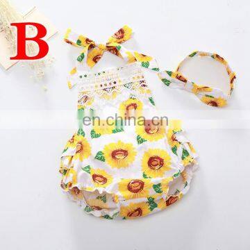 2019 SUMMER GIRLS LACE ROMPERS WITH HEADBAND INFANT BACKLESS FLORAL PRINT BODYSUITS 2PCS SET photo-2