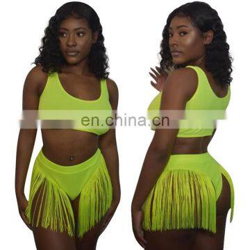 RST New Fashion Fluorescence Green Tassel Bikini Custom Logo Bikinis 2020 Women Swimwear Beachwear Buckle Swimwear photo-2
