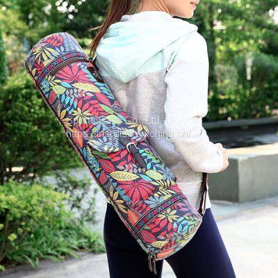 Flower Printed Canvas Yoga Mat Bag with Inside Pockets and Shoulder Carrying Strap