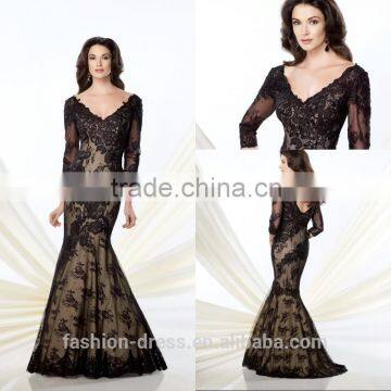 New Elegant Long Sleeve Mermaid Black Mother Of Bride Lace Dresses