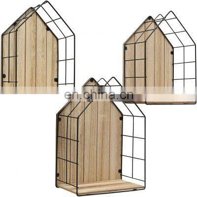 Natural Grained wooden  Panels Hangers House Worlds Floating Wire metal wood Shelves