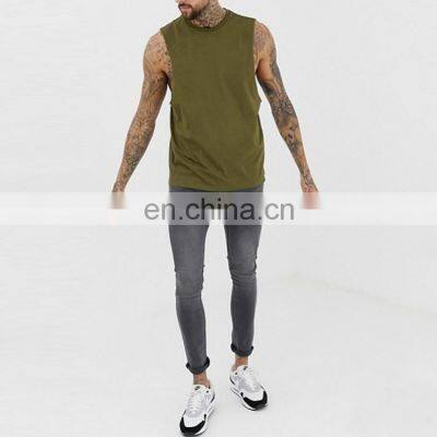 2021 High Quality Cut Off Shirt Curved Hem Tank Top Men Olive 95% Cotton 5% Elastane Deep Cut Muscle Tee photo-2