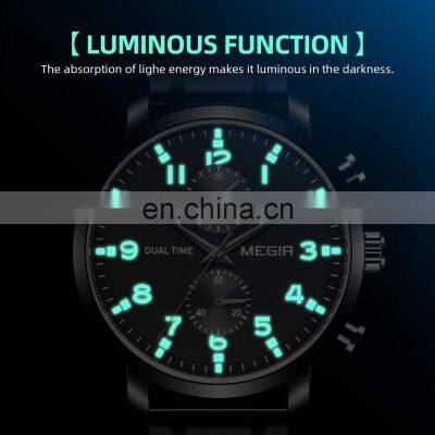 MEGIR 2160 Fashion Leather Stainless Steel Waterproof Chronograph Sport Wrist Watches Quartz Watch Man