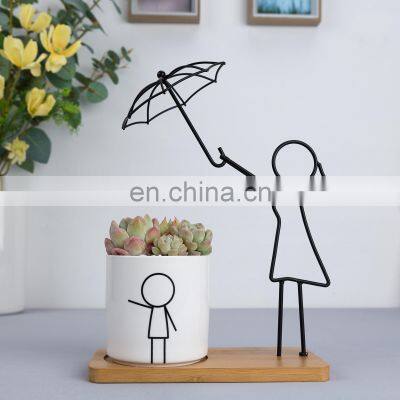 Modern Decorative Flower White Ceramic Pot Metal With Bamboo Tray Cute Frame For Home Decor