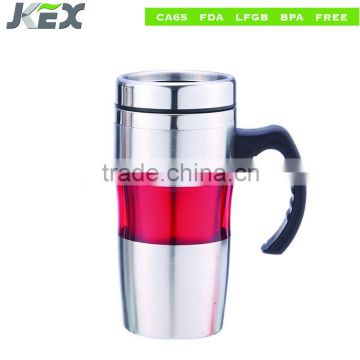 FDA approved insulated stainless steel mug with plastic handle and lid