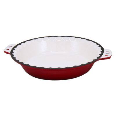 Enamel Coating Cast Iron Pan Decorative Border with Handle Nonstick Enamel Cast Iron Round Shape Baking Pie Pan