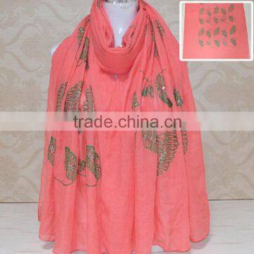 New Style Sequin Leaf Pattern Cotton Fashion Woman Embroidered Shawls