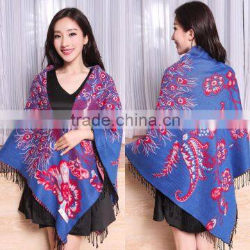 Wide Square Jacquard Peacock Stole Shawl Scarf