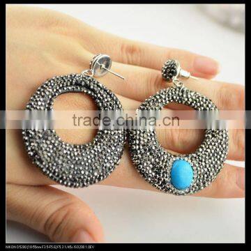 LFD-063E Wholesale Charms Turquoise With Crystal Rhinestone Paved Round Shape Dangle Earrings For Women