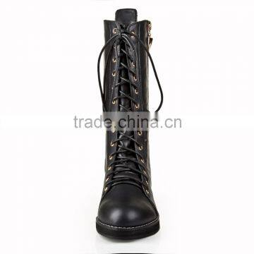 Fashion Ladies Black Real Leather Flat Heel Tie Up Half Boot photo-5