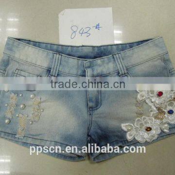 New arrival lace and beading decoration hot sexy denim shorts ,women denim shorts