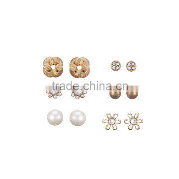 Gold Plated Love Knot Textured Hollow Out Flower Dragon Ball Pearl And CCB Ball Multi Stud Earring Pack