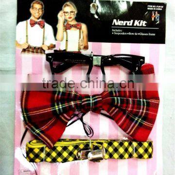 School nerd geek costume kit set glasses bow tie suspenders braces outfit