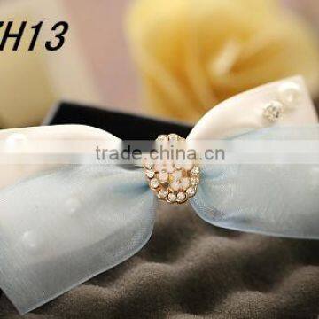 Elegant Women Blue Chiffon Ribbons Rhinestone Hair Bow Hair Accessories Metal Hair Clip