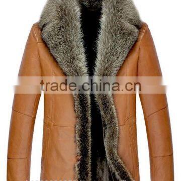 Mens Fashion Shearling Sheepskin Leather Fur Coat Raccoon Fur Trim