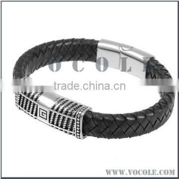 leather cuff bracelet with engraved metal plate magnetic clasp wholesale