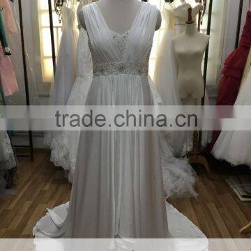 AR-10 Real Photo Custom White Elegant Long Beaded V-Neck V- Back Satin Boho Beach Bride Dress 2016