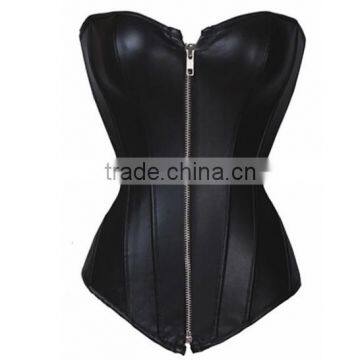 Black Faux Leather Corset Bustier Over-bust Zipper Goth Boned Top