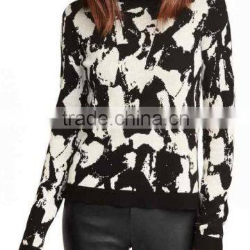 2016 New Products Ladies' Round Neck Long Sleeve Pullover Black Jersey Knitted Sweater With Print
