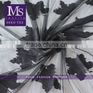 Black net Polyester dress making lace fabric with 3D maple leave design / Good price