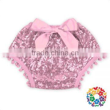 Light Pink Boutique Baby Girls Shorts Front Bow With Pom Pom Cotton Sequins Bloomers