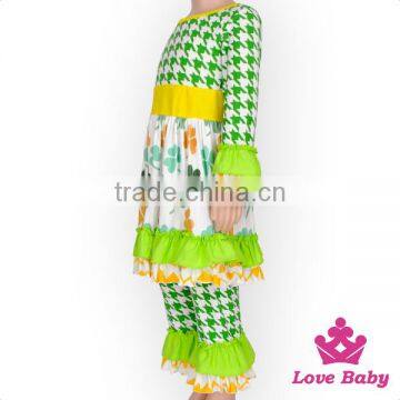 Lastest Boutique Ruffle Long Sleeve Green Lucky Clover Pattern Printed Punjabi Baby Girls In suit Clothing Set