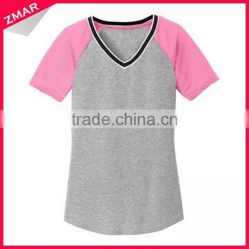 Fashion women grey and pink blank raglan v-neck high visibility t-shirts