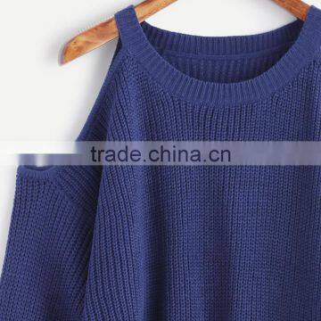 2017 Fall Women Loose Dark Blue Cold Shoulder Knit Sweater photo-4