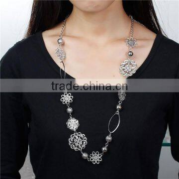 New Fashion Copper Filigree Stamping Sweater Necklace Long Link Curb Chain Silver Tone With Hollow Flower Connectors photo-3