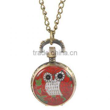 Round Antique Bronze Owl Pattern Halloween Enamel Red Battery Included Pocket Watches 85cm