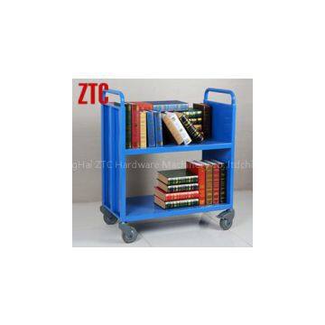 Mobile steel library book cart with 2 flat shelves