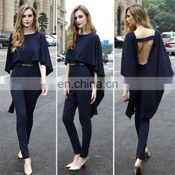 Sexy Ladies Navy Blue Palysuit Cap Sleeve Backless Jumpsuits With Belt