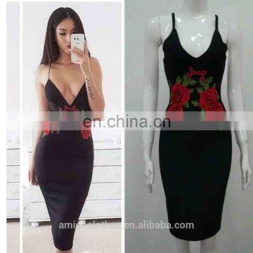 Amigo 2017 new design black strap V neck rose print mini bandage dress evening dresses for beauty ladis party wear