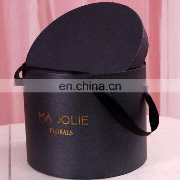 manufacture customized Round gift/flower packaging black cardboard paper box with gold logo printing and ribbon handle