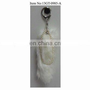 women fashion fur accessories soft white fur tail key ring with bead