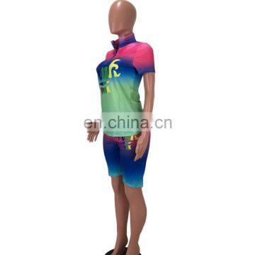 Summer Stylish Colorful Tie Dye 2 Pieces Two Piece Women Short Sexy Bodycon Printed Sports Set Suits photo-6