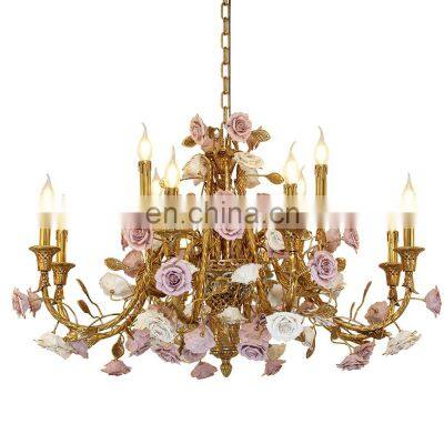 French Luxury Living Room Dining Room Villa Brass Ceramic Flower Romantic Copper Chandelier