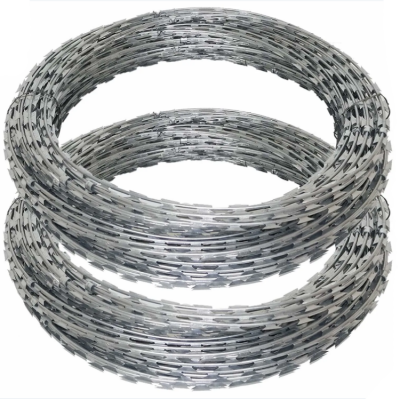 Barbed Wire Mesh Fence With Razor Blades, Stainless Steel Razor Blades, Barbed Wire, Razor Blades, and Barbed Wire.